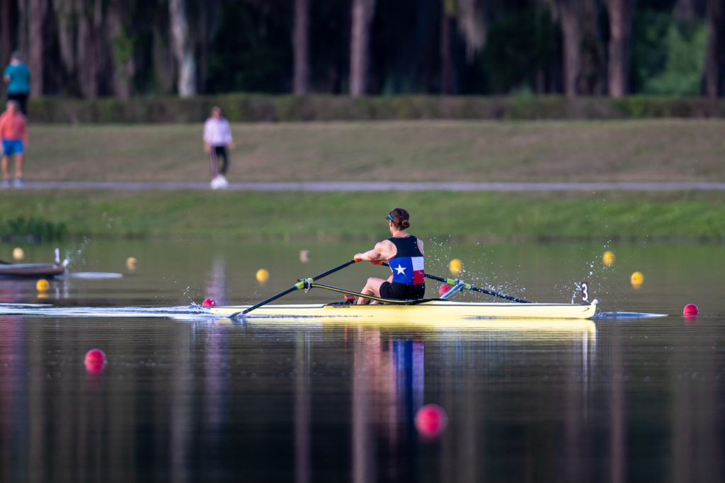 Kara Kohler approaching the finish line during the women's single A final event at the 2022 USRowing NSR I and Senior/Para Speed Order.